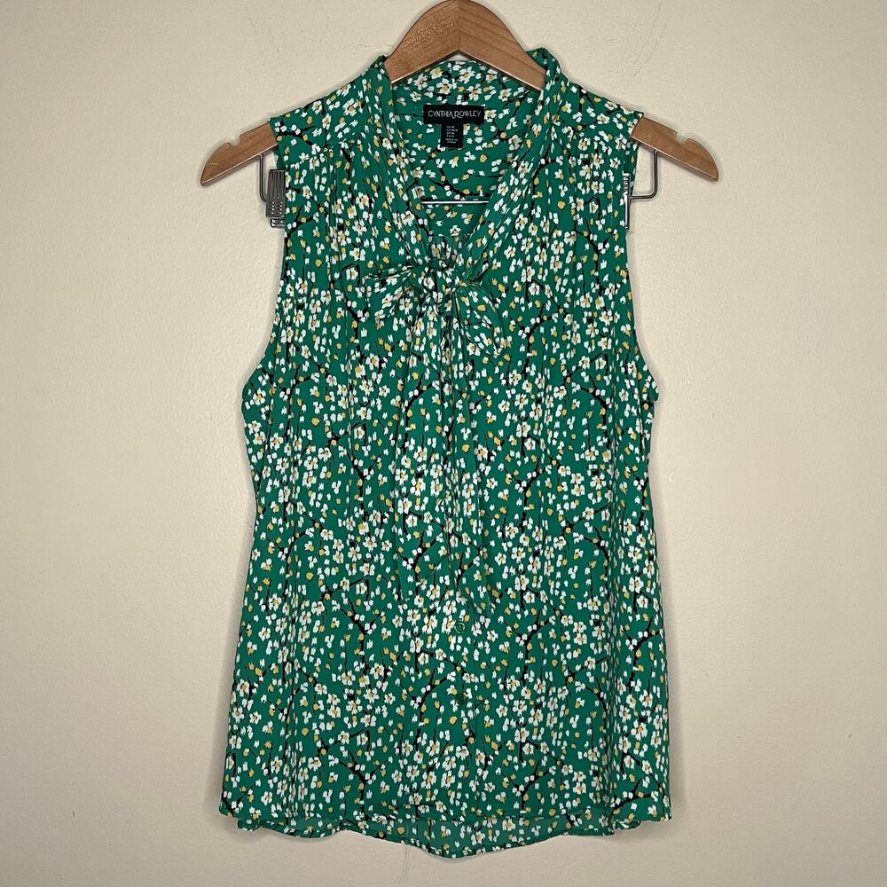 Cynthia Rowley Kelly Green Ditzy Floral Sleeveless Bow Tie Neck Blouse